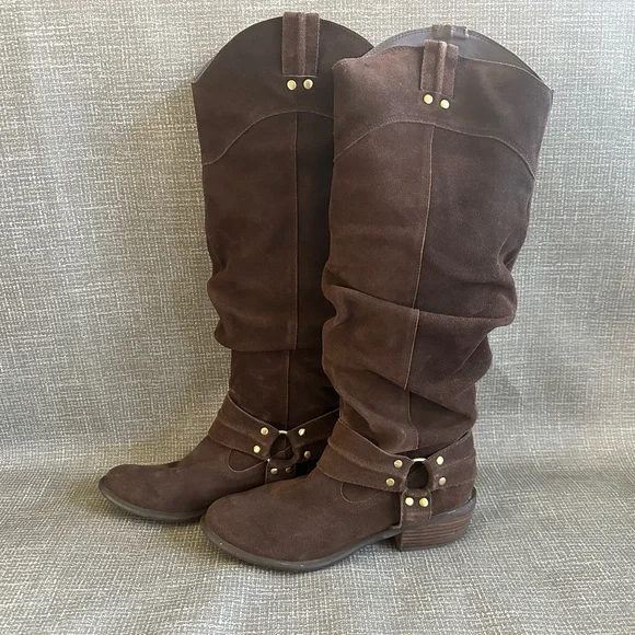 Restricted crunched Brown Suede Cowboy Knee-High Boots size - Picture 2 of 16